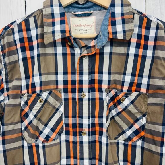 WEATHERPROOF LARGE Brown Blue Plaid Vintage Button Up Shirt Long Sleeve - Picture 2 of 6